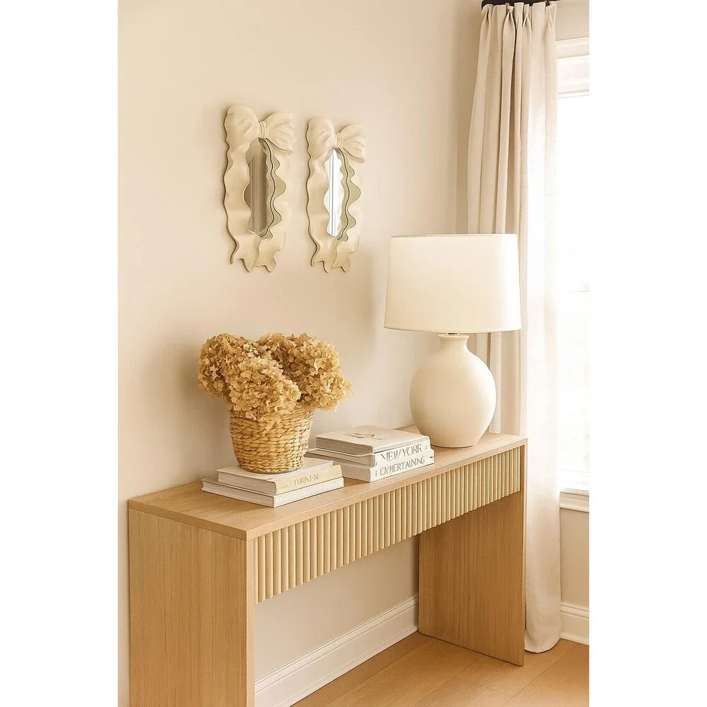 Pair of Vintage-Inspired Ribbon Bow Mirrors, 15” Long Home, Decor, Cream